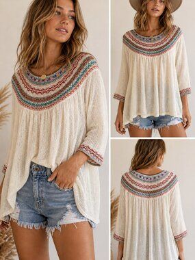 Free People Cream Embroidered Yoke Knit Top XS Boho Peasant Festival Blouse